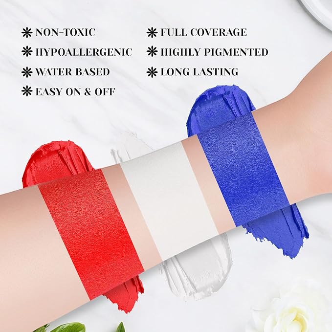 YBUETE Red White Blue Face Body Paint Stick Set for Halloween Cosplay SFX
