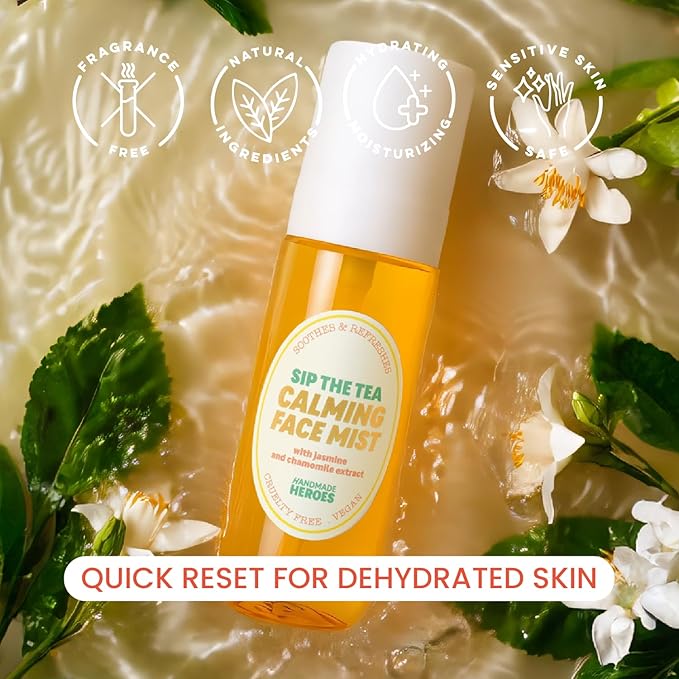 Handmade Heroes Cooling Summer Face Spray | Calming Cooling Chamomile Facial Mist for Perimenopause & Menopause | with Hyaluronic Acid and Jasmine | Sip The Tea Calming Mist