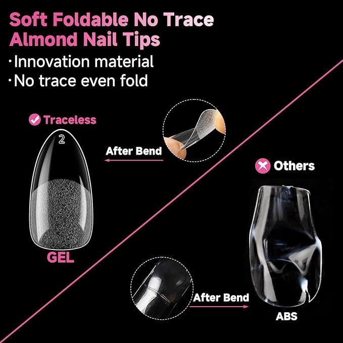 UNA GELLA Medium Almond Nail Tips, 312pcs Gel Nail Tips Almond Shape Pre Etched Full Cover Clear Fake Acrylic Pointed Press On Nails No C Curve for Nails Extension Art DIY Salon 12 Sizes