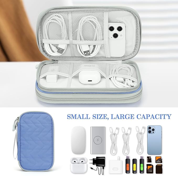 FYY Electronic Organizer, Travel Tech Pouch Bag, Medium, Blue Quilted