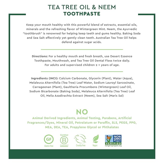 Desert Essence Tea Tree Oil and Neem Toothpaste, Wintergreen, 6.25 oz