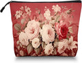 Scribesense Cosmetic Bags Travel Makeup Toilet Case Waterproof Pouch for Women Girls 6.7X9.45inches - Assorted Pale - Colored Flowers on A Red Ornamental Background