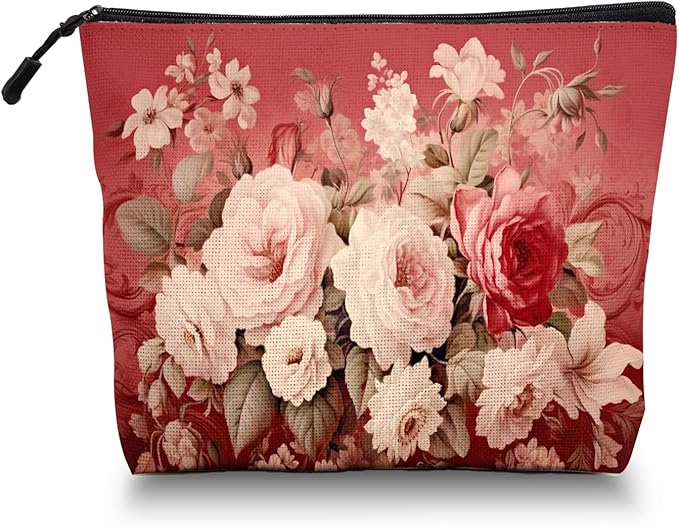 Scribesense Cosmetic Bags Travel Makeup Toilet Case Waterproof Pouch for Women Girls 6.7X9.45inches - Assorted Pale - Colored Flowers on A Red Ornamental Background