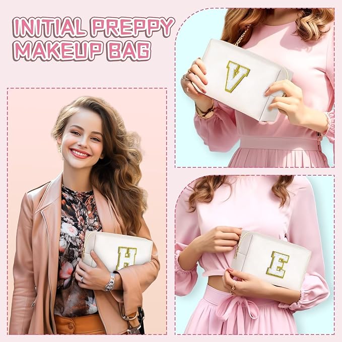 TOPEAST Preppy Makeup Bag, Cute Makeup Pouch PU Leather Waterproof Cosmetic Bag, Personalized Birthday Gifts for Mom Teacher Friends Bridesmaids Nurse, Trendy Stuff for Girls (White I)