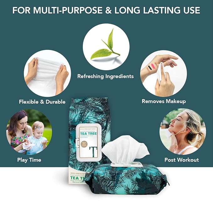 Body Prescription Makeup Cleansing Wipes - Gentle and Effective Face Wipes, 50 Count (Pack of 2), Tea-Tree
