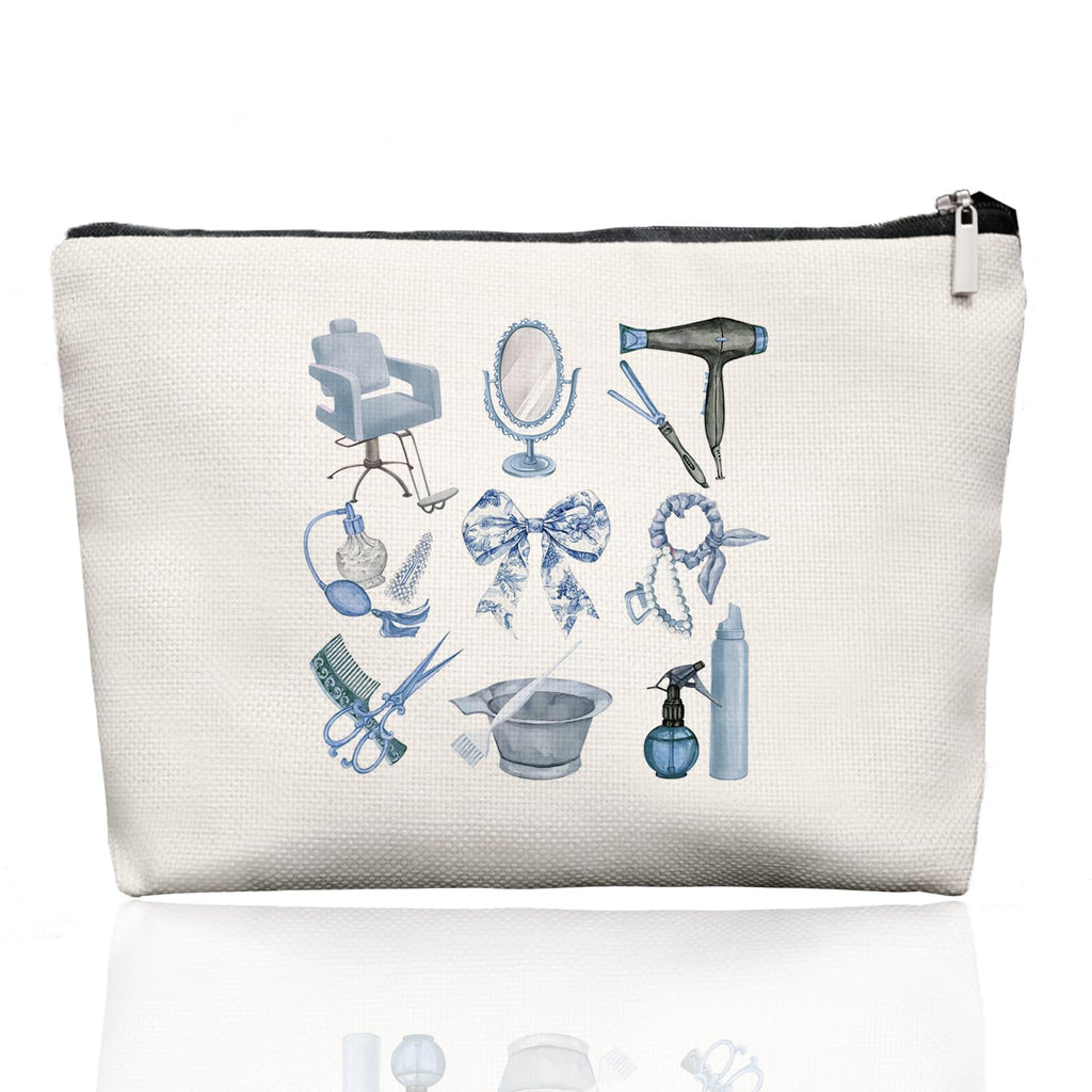 EKGJW Blue Chinoiserie Bow Hairstylist Makeup Bag, Cosmetology Student Gift for Women, Cute Hairdresser Travel Pouch, Aesthetic Blue Toile Salon Organizer for Teen Girls, 7.5 x 10 in