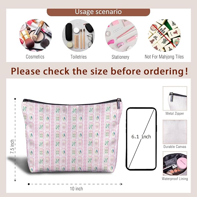 Zomhix Pink Chinoiserie Mahjong Makeup Bag, Mahjong Gifts for Women Cosmetic Bags, Gifts for Mah Jong Players Lovers Makeup Zipper Pouch
