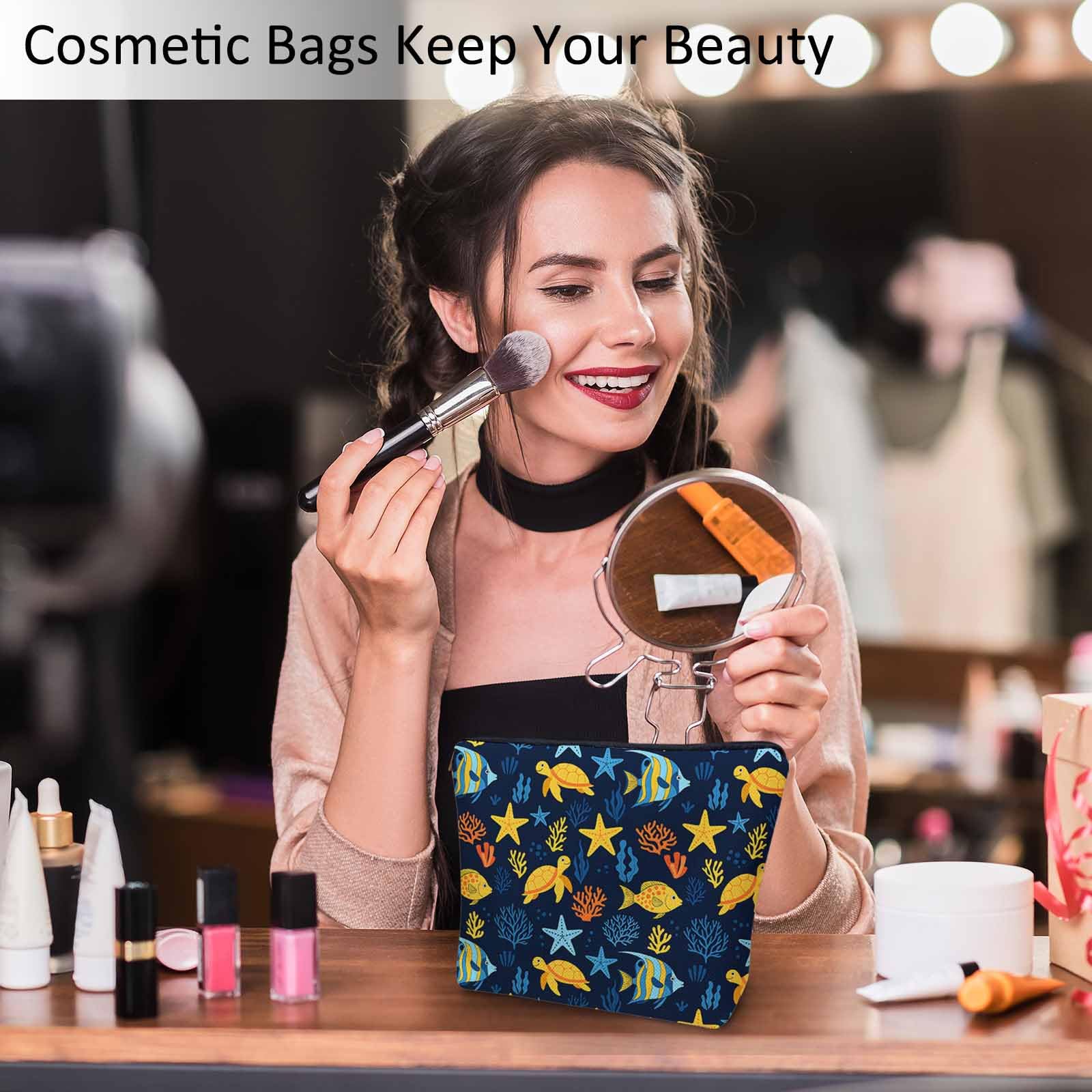 Kalygon Sea Animal Makeup Bags Makeup Organizer, Ocean Sea Turtle Starfish Seaweed Flax Toiletry Bags Travel Cosmetic Bag Makeup Purse Pouch Skincare Bag Wallet Bags For Women Female Mom Daughter