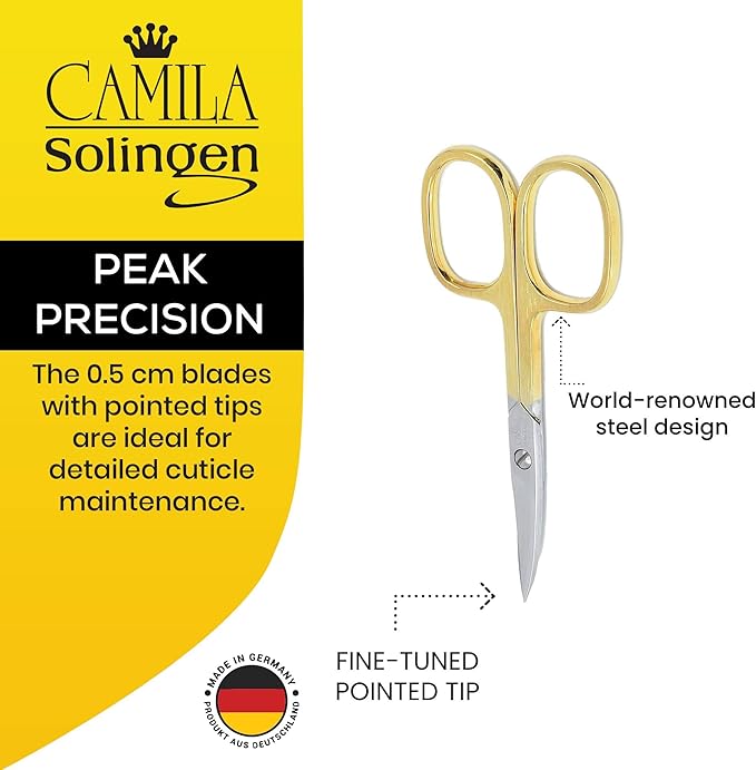 Camila Solingen CS02 3 1/2" Professional Hypoallergenic Gold Plated Manicure & Pedicure Sharp Curved Nail Cutting Scissors. Made of Durable Stainless Steel in Solingen, Germany
