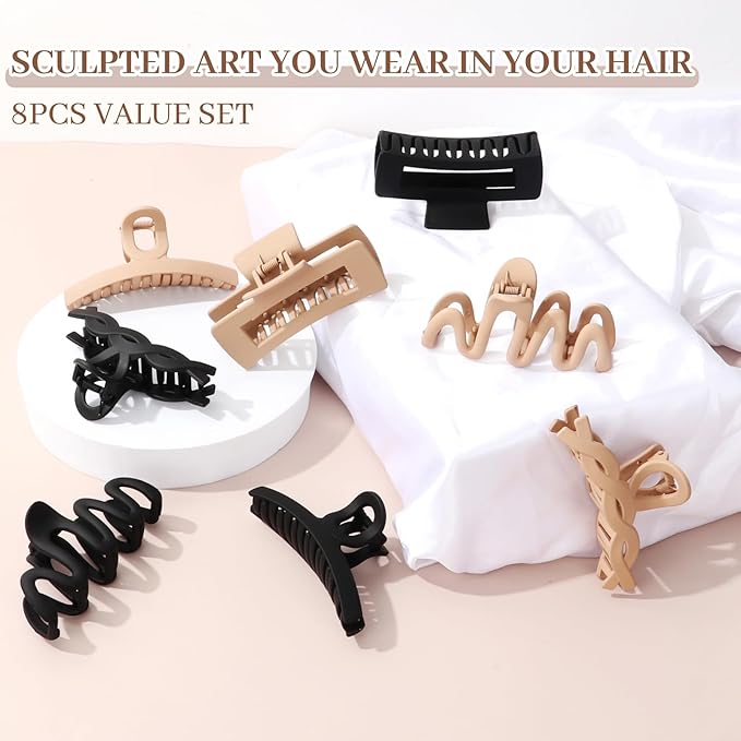 Matte Non-Slip Large Hair Clips for Women 8PCS (4 Beige+4 Black)