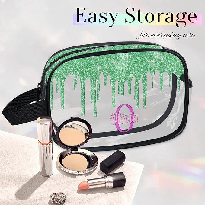 KFNHN Personalized Name Toiletry Bag, Transparent PVC Large Travel Cosmetic Bag Portable Makeup Organizer Bag for Women Bathroom Shower Essentials, Water Flow Shape Lime Green Glitters