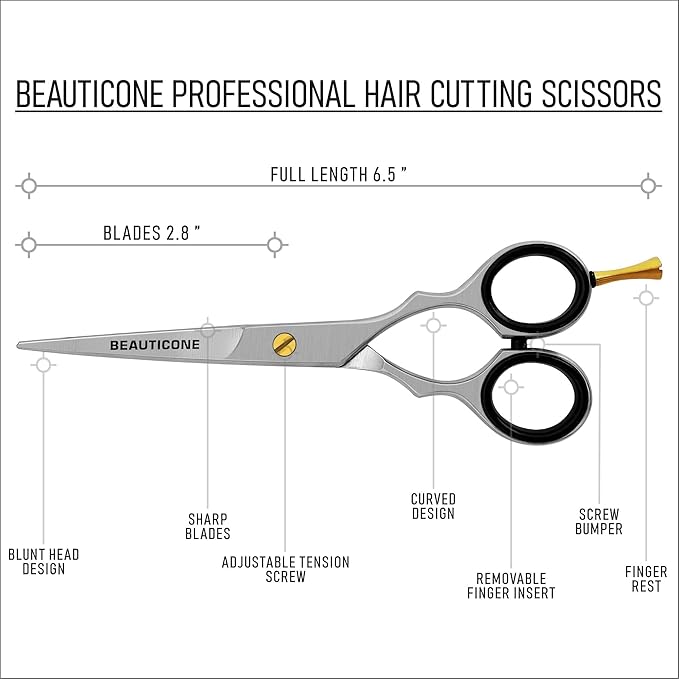 BEAUTICONE Hair Cutting Scissors | Professional Stainless Steel Barber Shears | Hairdressing Scissors | Smooth & Sharp Edge Blades - for Men/Women, Fix Screw