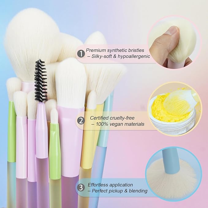 VIVID BEAUTY Makeup Brush Set, 18 Pcs Makeup Brushes with 2 Sponges & Travel Bag, Colorful Make up Brushes for Foundation Powder Blush Blending Eyeshadow, Face & Eye Brush Kit for Beginner