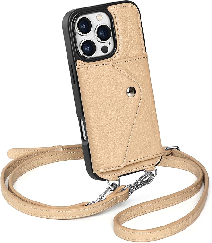 LUCKYCOIN Crossbody Phone Case for iPhone 16 Pro,100% Genuine Leather Phone Wallet Case for Women, Premium Hands-Free Phone Purse with Expandable Flip Card Holder & Adjustable Strap - Pebble Beige
