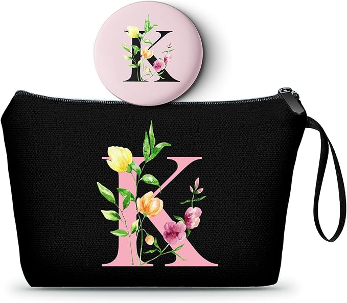 A-Z Personalized Gifts for Women, Initial Make Up Bag with Mirror, K