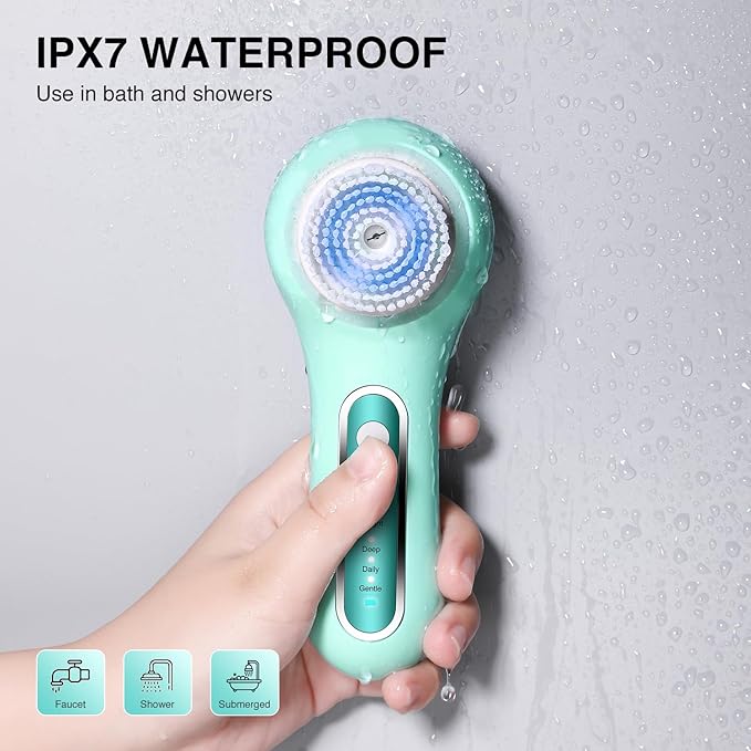 UMICKOO Electric Facial Cleansing Brush, 2-Way Rotating Face Scrubber for Daily & Deep Cleaning, 3 Modes, 5 Brush Heads, Rechargeable, IPX7 Waterproof for All Skin Types
