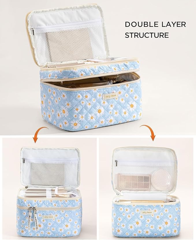 HBselect 2Pcs Travel Makeup Bag Large Quilted Cosmetic Bag Make up Bag