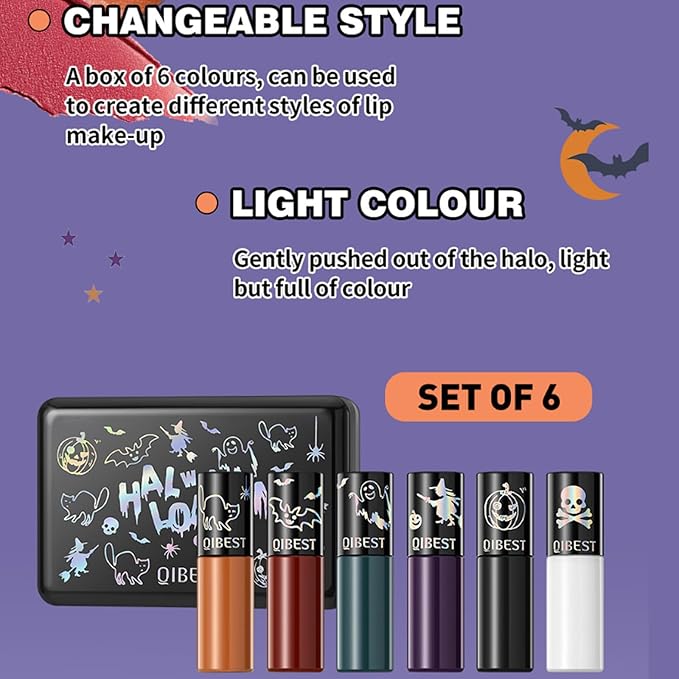 Domality 6pcs Matte Liquid Lipstick Makeup Set, Dark Black Green Purple Red Orange White Lip Gloss Kit With Case, Vivid Vampire Velvet Lip Stick for Halloween Cosplay Goth Costume Makeup