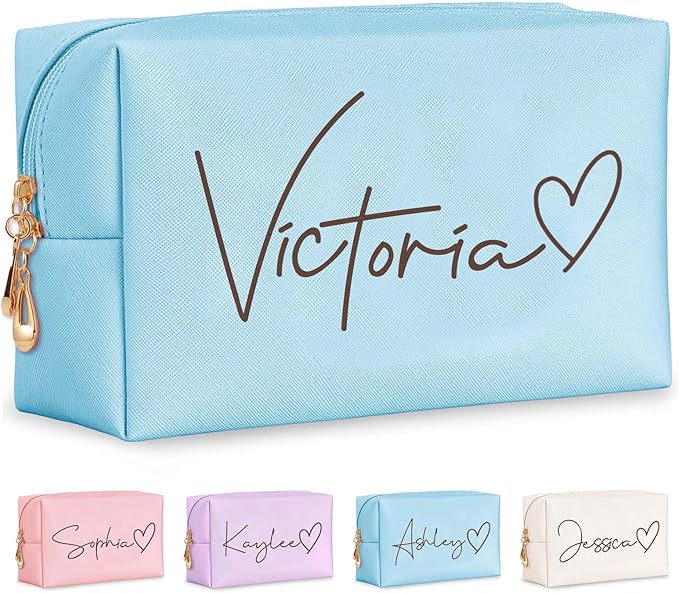 Fincekoom Personalized Makeup Bag with Name & Birth Flower, Custom Leather Cosmetic Bags for Women, Customized Travel Toiletry Bag Gifts for Bridesmaid Wedding