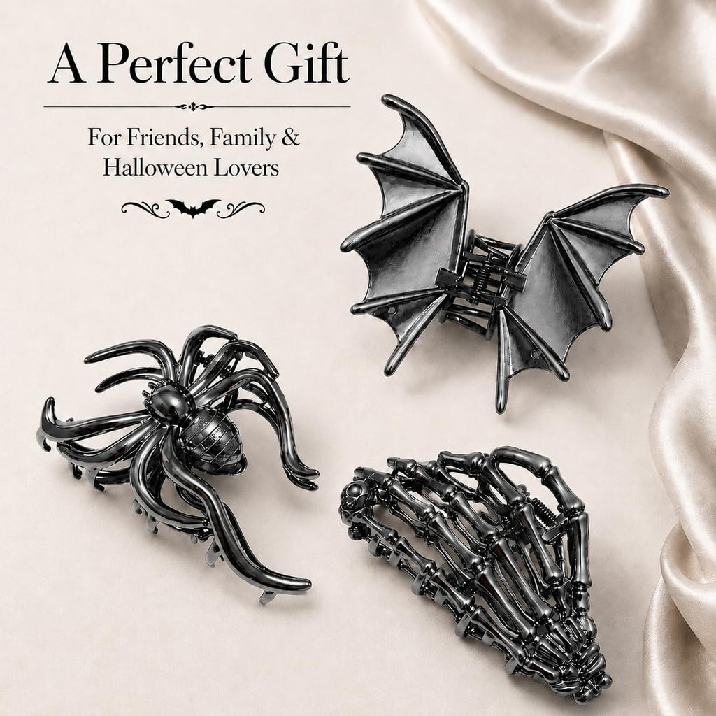 Parcce 3 PCS Gothic Hair Claw Clips for Women, Metallic Black Bat Spider Skeleton Hand Hair Clips, Strong Hold Halloween Hair Accessories for Thick Thin Hair, Costume Party Everyday Styling Gifts