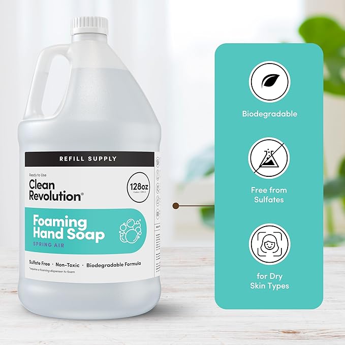 Clean Revolution Foaming Hand Soap Refill with Real Essential Oils, Moisturizing Sulfate-Free Hand Soap, Ready-to-Use Foam Soap Refill for Kitchen & Bathroom, Spring Air (128oz, 4 Pack)