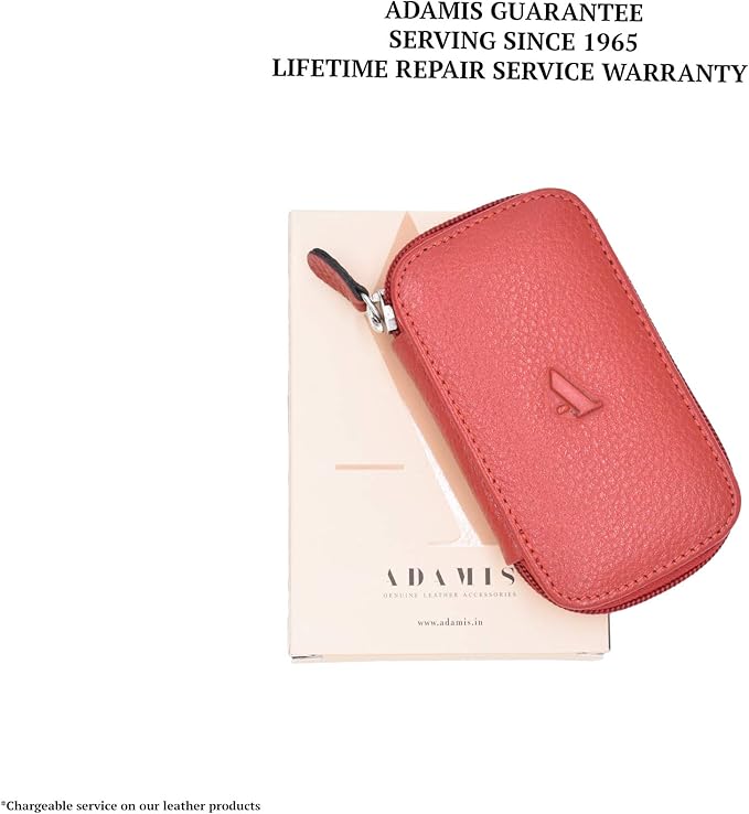 Adamis Full Grain Genuine Leather Keychain Holder Pouch, Key Case, Soft Strong and Compact Organizer and Wallet with Zip Closure for Extra Safety and 6 Key Holder Hooks in Red