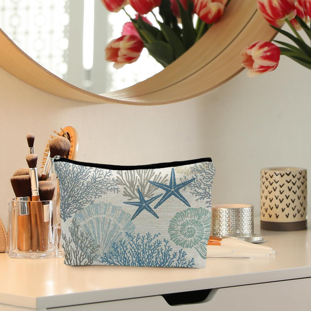 RYYCDOI Ocean Starfish Coral Seashell Beach Makeup Bag, Marine Life Sea Animals Cosmetic Bags for Women, Beach Vacation Gifts, Ocean Themed Gifts