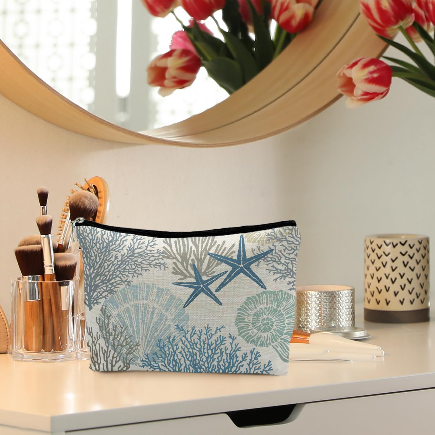RYYCDOI Ocean Starfish Coral Seashell Beach Makeup Bag, Marine Life Sea Animals Cosmetic Bags for Women, Beach Vacation Gifts, Ocean Themed Gifts