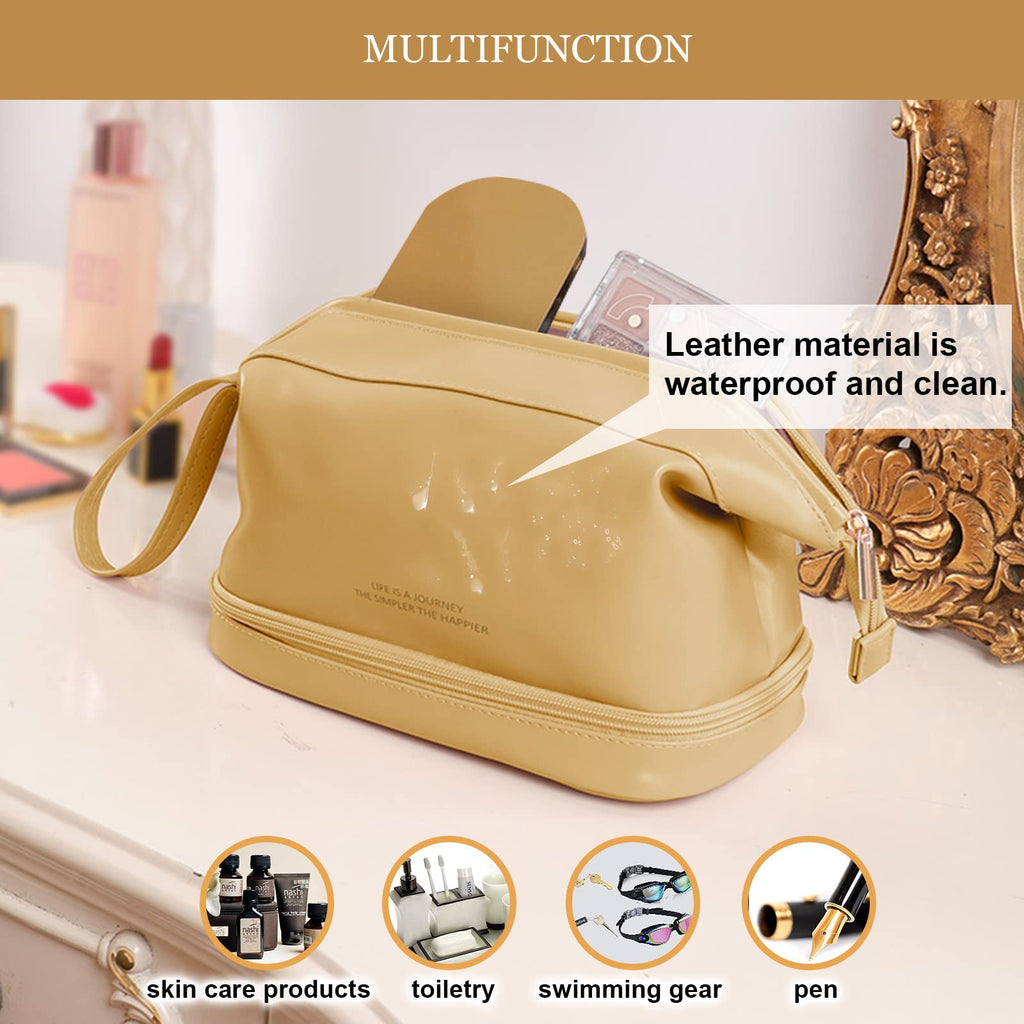 Abiudeng Large Makeup Bag for Women,Travel Makeup Organizer with Brush Holder, Dopp Kit Essentials,Waterproof PU Cosmetic Bag for Traveling,Multi Compartment, Cute,Spacious Capacity-yellow