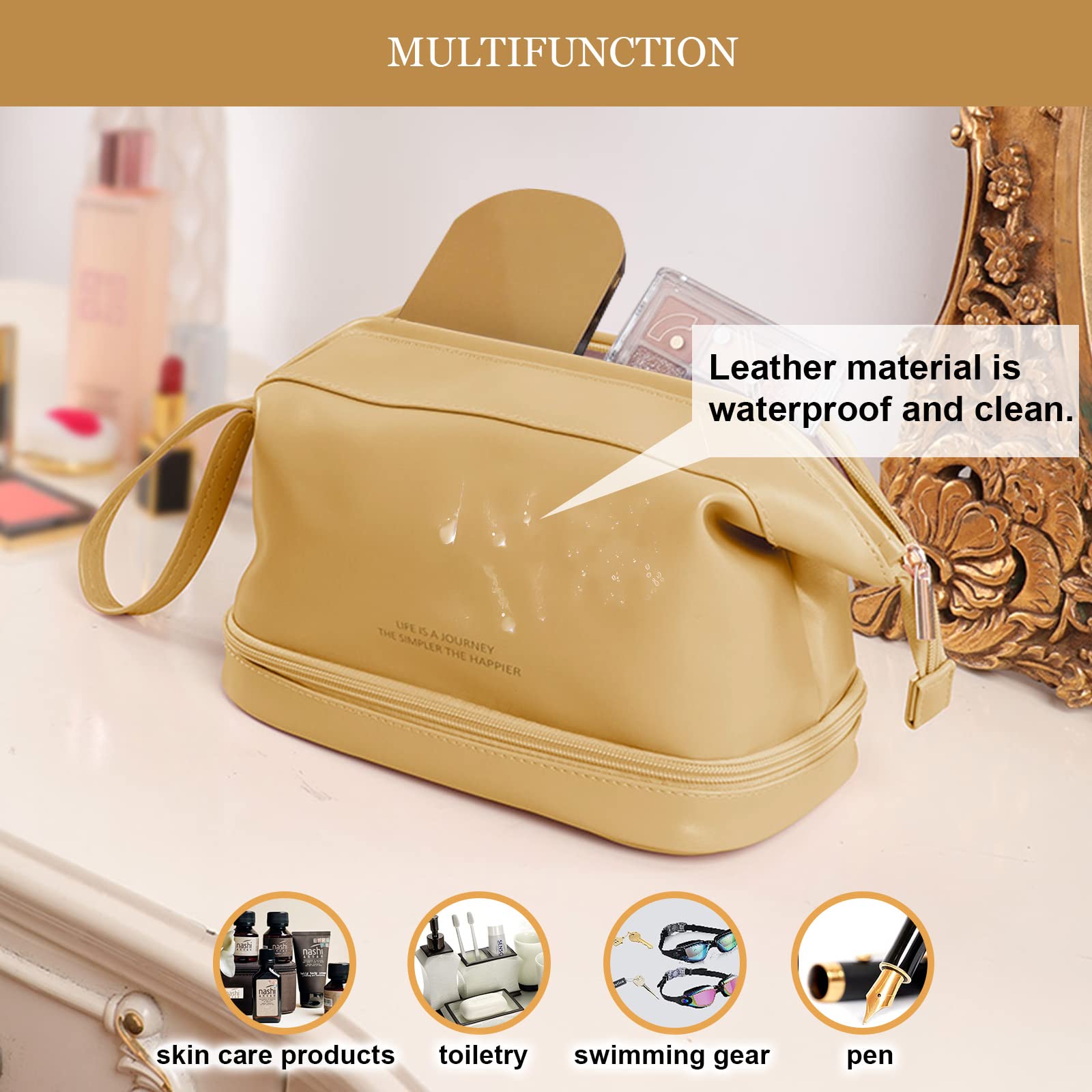 Abiudeng Large Makeup Bag for Women,Travel Makeup Organizer with Brush Holder, Dopp Kit Essentials,Waterproof PU Cosmetic Bag for Traveling,Multi Compartment, Cute,Spacious Capacity-yellow
