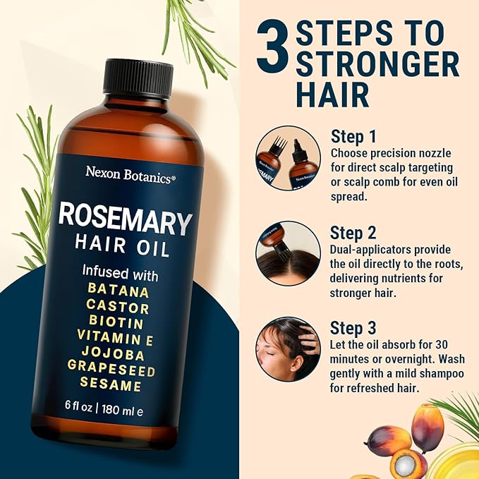 Batana Rosemary Oil for Hair Growth 6 fl oz - Lightweight Scalp Oil for Dry, Damaged Hair & Frizz Control - Aceite de Romero Para el Cabello - Nexon Botanics