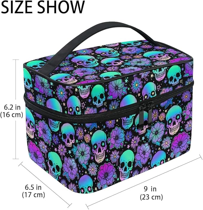 MNSRUU Goth Skull Makeup Bag, Gothic Skull Flowers Makeup Organizer Bags Toiletry Bag Box Travel Cosmetic Bag Make Up Train Case for Women Teen Girl Ladies