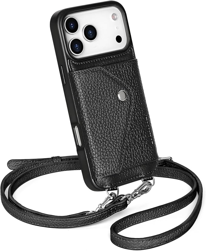 LUCKYCOIN Crossbody Phone Case for iPhone 17 Pro Max,100% Genuine Leather Phone Wallet Case for Women, Premium Hands-Free Phone Purse with Expandable Flip Card Holder & Adjustable Strap - Pebble Black