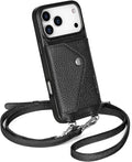 LUCKYCOIN Crossbody Phone Case for iPhone 17 Pro Max,100% Genuine Leather Phone Wallet Case for Women, Premium Hands-Free Phone Purse with Expandable Flip Card Holder & Adjustable Strap - Pebble Black