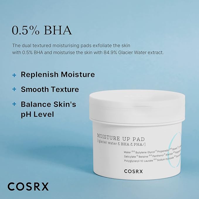 COSRX Moisture Up Pads 70 Sheets, BHA, Gentle Daily Exfoliant for Sensitive Skin, Preventing Breakouts, Moisturizing, Nourishing, Blemish Care, Korean Skin Care