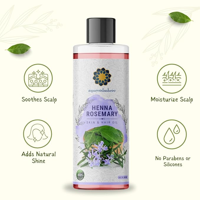 AYURVEDASHREE Henna Rosemary Hair Oil 200 ml, 6.76 fl oz with Neem, Shikakai, Bhringraj, Amla, Brahmi, Sesame, Olive & Sunflower Oils