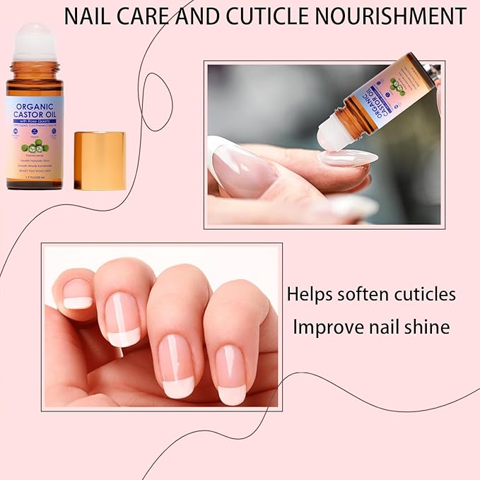 SDXJIOGE Organic Castor Oil Rose Quartz Roller Ball – 100% Cold Pressed Hexane Free Castor Oil Roll On for Facial Skin Care, Fine Lines, Wrinkles & Under Eye Puffiness (1.7 Fl Oz)