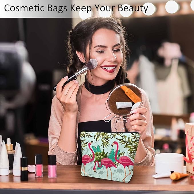Kalygon Women Makeup Organizer Bag Flamingo Exotic Flamingo Tropical Palms Flax Cosmetic Bag Makeup Bags Toiletry Bag Accessories Organizer Travel Bags For Home Bathroom Office Hotel Gym Pink Green