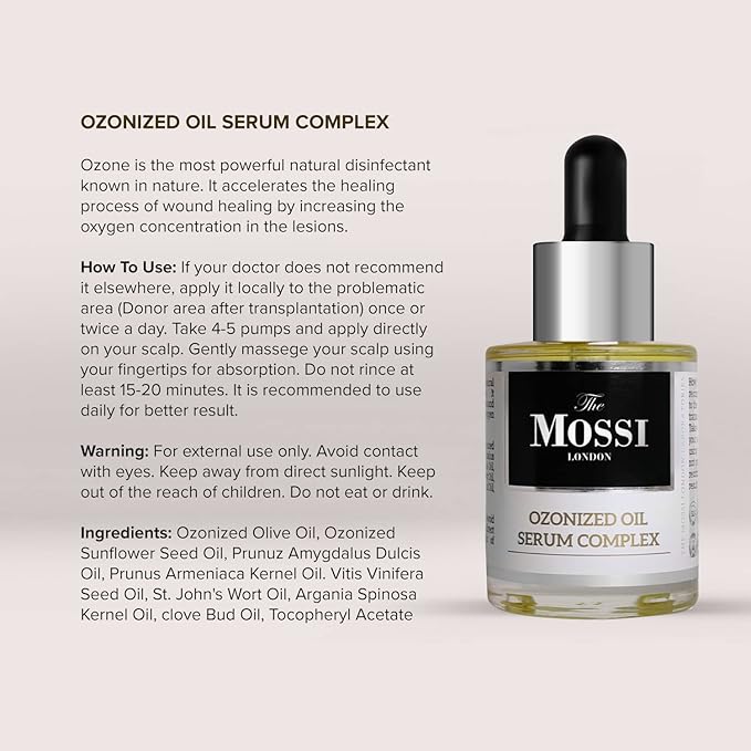 The Mossi London Ozonized Hair & Scalp Oil Serum - 50% Ozonated Olive Oil Treatment for Thicker-Looking Strands - Scalp Serum for Dry Scalp Care & Transplant Aftercare - 30ml