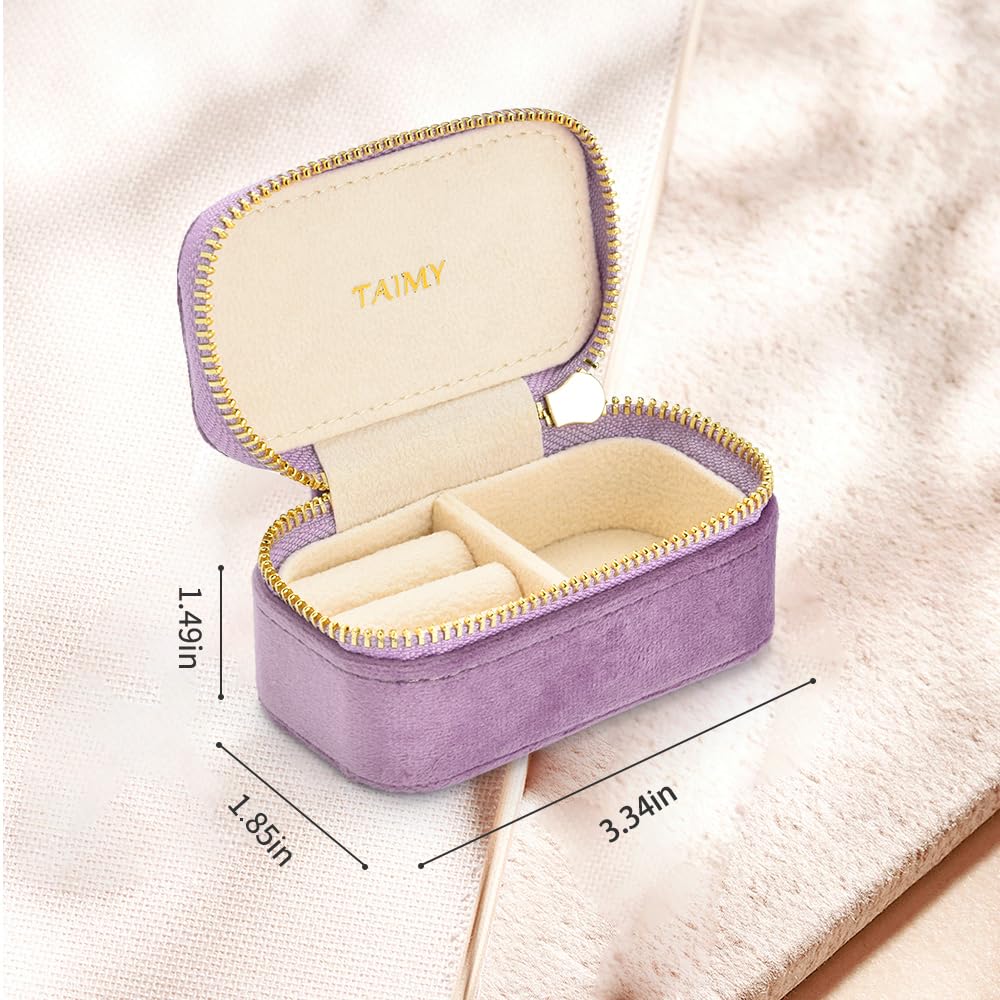 TAIMY Small Travel Jewelry Case, Mini Tiny Plush Velvet Jewelry Box for Women and Girls, Pocket Size Jewelry holder organizer for Rings Earrings and Small Items(Lavender)