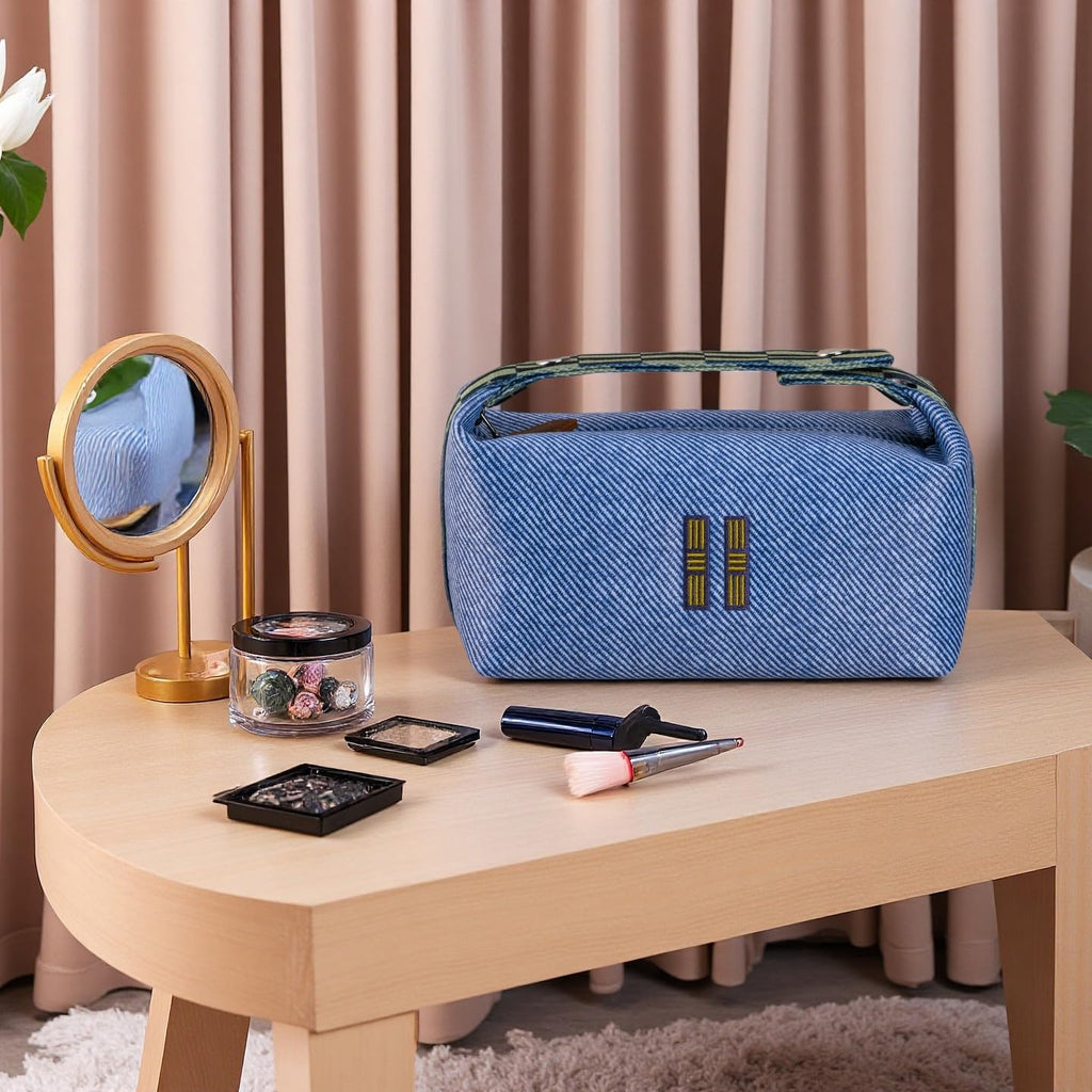 Sluxa NEW Makeup Bag - Her Inspired, Stylish, Lightweight, and Practical, Luxury Craft Travel Toiletry Bag for Daily Use & Travel Essentials, Easy Carry & Neat Storage (Blue)