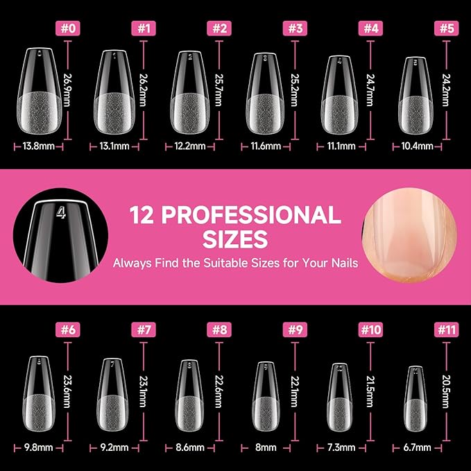 UNA GELLA Medium Coffin Nails Tips 312Pcs Pre-Etched Gel Nail Tips Coffin Press On Nails Clear Full Cover for Nail Extensions & DIY Art Salon at Home, Long Lasting 12 Sizes