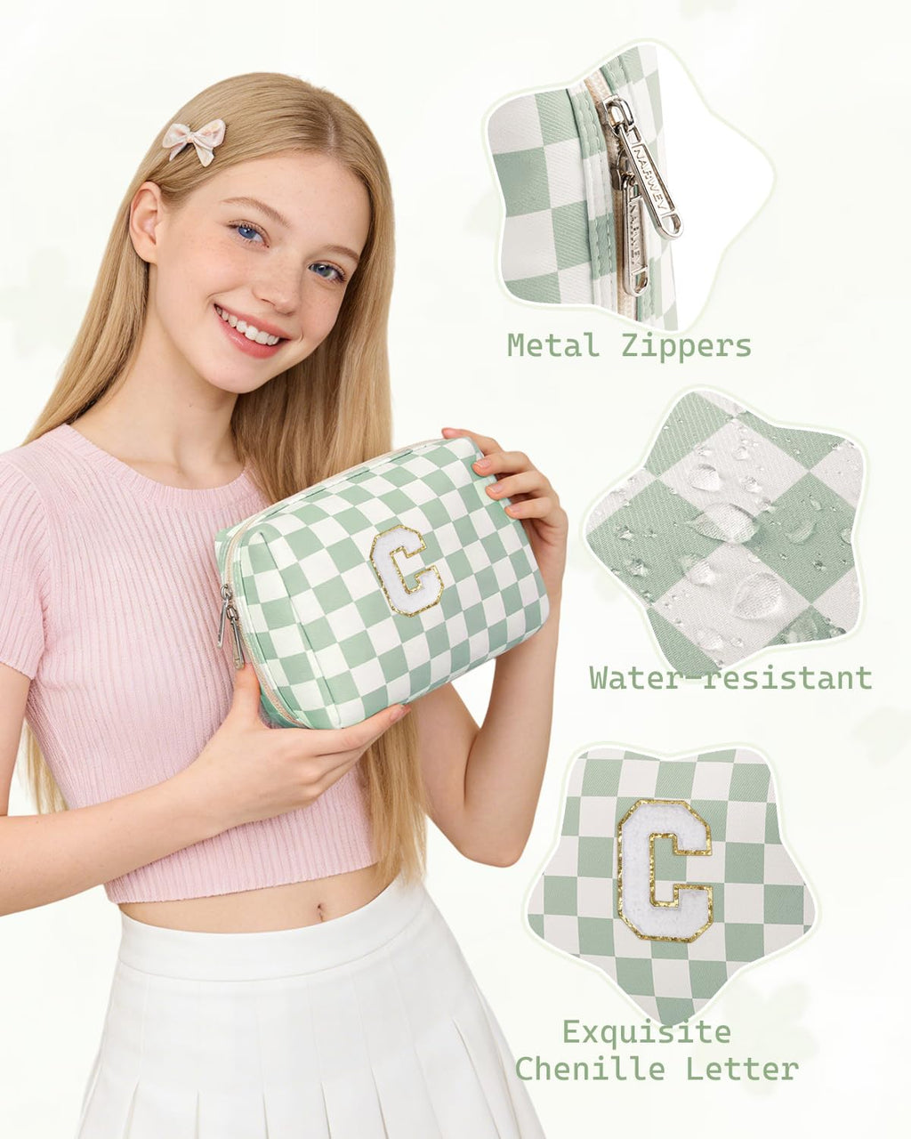Narwey Birthday Gifts for Teen Girls Women Personalized Initial Checkered Makeup Bag Preppy Cosmetic Bag Trendy Stuff 6 8 10 11 12 13 14 16 18 Years Old Travel Toiletry Bag (Green Letter C)