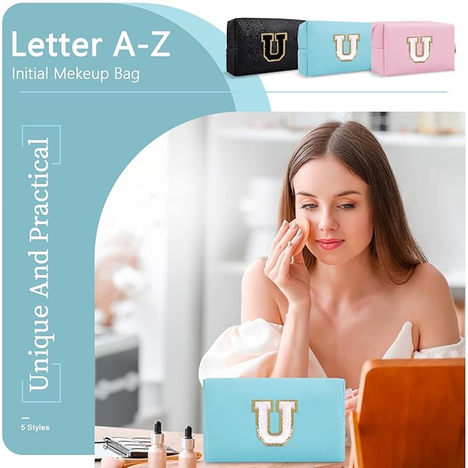 Small Personalized Initial A-Z Preppy Patch Makeup Bag,PU Chenille Letter Travel Cosmetic Pouch with Zipper,Blue Cute Toiletry Bag,Gift Ideal for Teen Girls Women Teacher Bridesmaid,Letter U
