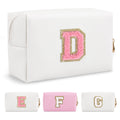 Small Personalized Initial A-Z Preppy Patch Makeup Bag,White PU Chenille Letter Travel Cosmetic Pouch with Zipper,Cute Toiletry Bag,Gift Ideal for Teen Girls Women Teacher Bridesmaid,Letter D