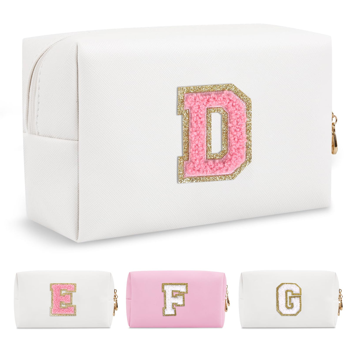 Small Personalized Initial A-Z Preppy Patch Makeup Bag,White PU Chenille Letter Travel Cosmetic Pouch with Zipper,Cute Toiletry Bag,Gift Ideal for Teen Girls Women Teacher Bridesmaid,Letter D