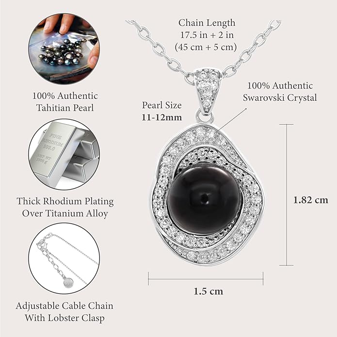 TRYNDI Real Tahitian Black Pearl Necklace Gifts for Women - Larger 11-12mm Luxury Pearl, Mothers Day Gifts For Wife - Christmas Valentines Soulmate Necklace For Women (Black Pearl Circle)
