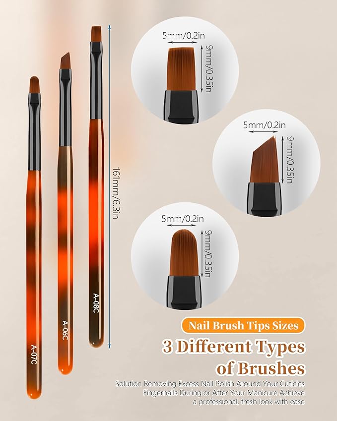 AMilHiTon 3PCS Nail Polish Clean Up Brush, Round/Flat/Angled, Orange Black