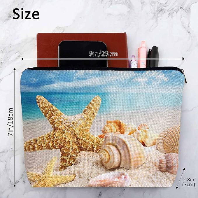 Kalygon Starfish Seashell Makeup Bag - Turquoise Ocean Cosmetic Bag with Zipper for Beach, Gym, Bathroom