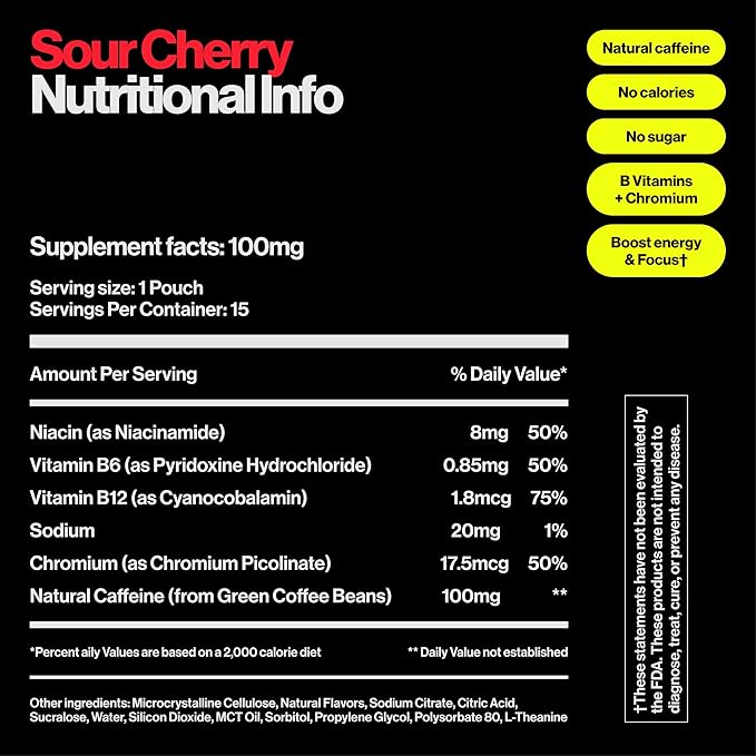 Wip Energy Pouches, Sugar Free Blend with 200 MG Natural Caffeine, B Vitamins, Minerals & L Theanine for Energy Support, Pre Workout for Active Lifestyles, Sour Cherry, 3 Cans, 15 Pouches per can